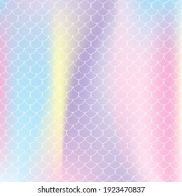 Gradient scale background with holographic mermaid. Bright color transitions. Fish tail banner and invitation. Underwater and sea pattern for girlie party. Fluorescent backdrop with gradient scale.