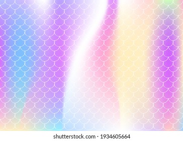 Gradient scale background with holographic mermaid. Bright color transitions. Fish tail banner and invitation. Underwater and sea pattern for girlie party. Pearlescent backdrop with gradient scale.