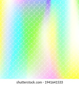 Gradient scale background with holographic mermaid. Bright color transitions. Fish tail banner and invitation. Underwater and sea pattern for girlie party. Trendy backdrop with gradient scale.