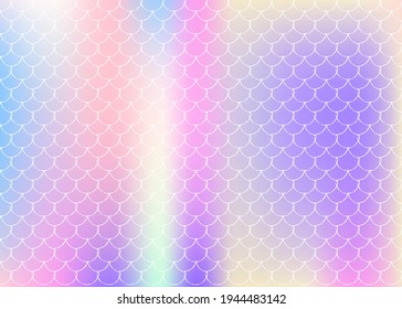 Gradient scale background with holographic mermaid. Bright color transitions. Fish tail banner and invitation. Underwater and sea pattern for girlie party. Fluorescent backdrop with gradient scale.