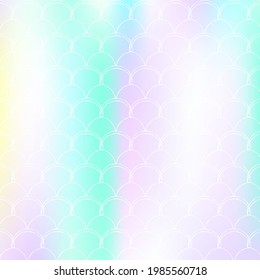 Gradient scale background with holographic mermaid. Bright color transitions. Fish tail banner and invitation. Underwater and sea pattern for girlie party. Stylish backdrop with gradient scale.