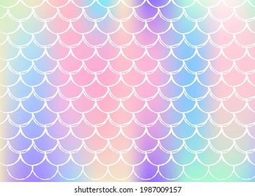 Gradient scale background with holographic mermaid. Bright color transitions. Fish tail banner and invitation. Underwater and sea pattern for girlie party. Bright backdrop with gradient scale.