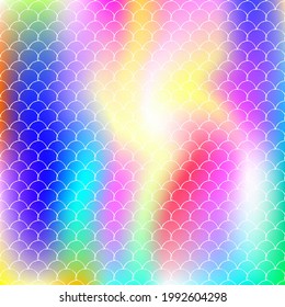 Gradient scale background with holographic mermaid. Bright color transitions. Fish tail banner and invitation. Underwater and sea pattern for girlie party. Multicolor backdrop with gradient scale.