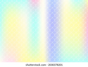 Fondo de escala de degradado con sirena holográfica. Transiciones de color luminosas. Banner de cola de pescado e invitación. Patrón submarino y marino para fiesta de niñas. Fondo colorido con escala de degradado.