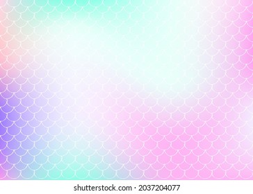 Gradient scale background with holographic mermaid. Bright color transitions. Fish tail banner and invitation. Underwater and sea pattern for girlie party. Iridescent backdrop with gradient scale.