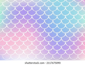 Gradient scale background with holographic mermaid. Bright color transitions. Fish tail banner and invitation. Underwater and sea pattern for girlie party. Colorful backdrop with gradient scale.