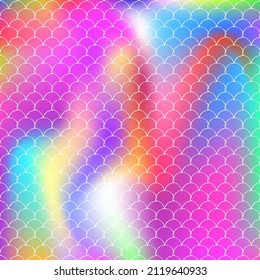 Fondo de escala de degradado con sirena holográfica. Transiciones de color luminosas. Banner de cola de pescado e invitación. Patrón submarino y marino para fiesta de niñas. Fondo colorido con escala de degradado.