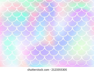Gradient scale background with holographic mermaid. Bright color transitions. Fish tail banner and invitation. Underwater and sea pattern for girlie party. Fluorescent backdrop with gradient scale.