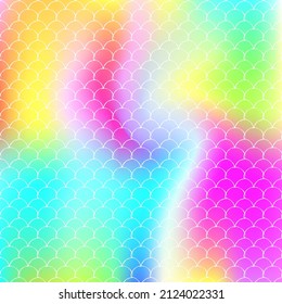 Gradient scale background with holographic mermaid. Bright color transitions. Fish tail banner and invitation. Underwater and sea pattern for girlie party. Fluorescent backdrop with gradient scale.