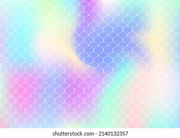 Gradient scale background with holographic mermaid. Bright color transitions. Fish tail banner and invitation. Underwater and sea pattern for girlie party. Plastic backdrop with gradient scale.