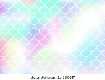 Gradient scale background with holographic mermaid. Bright color transitions. Fish tail banner and invitation. Underwater and sea pattern for girlie party. Vibrant backdrop with gradient scale.