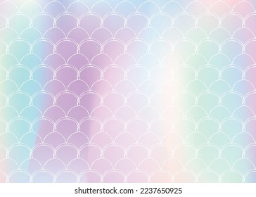 Fondo de escala de degradado con sirena holográfica. Transiciones de color luminosas. Banner de cola de pescado e invitación. Patrón submarino y marino para fiesta de niñas. Fondo fluorescente con escala de degradado.