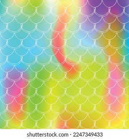 Gradient scale background with holographic mermaid. Bright color transitions. Fish tail banner and invitation. Underwater and sea pattern for girlie party. Plastic backdrop with gradient scale.