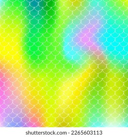 Gradient scale background with holographic mermaid. Bright color transitions. Fish tail banner and invitation. Underwater and sea pattern for girlie party. Multicolor backdrop with gradient scale.