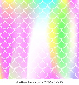 Gradient scale background with holographic mermaid. Bright color transitions. Fish tail banner and invitation. Underwater and sea pattern for girlie party. Hipster backdrop with gradient scale.