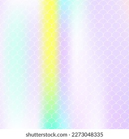 Fondo de escala de degradado con sirena holográfica. Transiciones de color luminosas. Banner de cola de pescado e invitación. Patrón submarino y marino para fiesta de niñas. Fondo multicolor con escala de degradado.