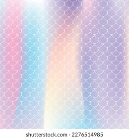 Gradient scale background with holographic mermaid. Bright color transitions. Fish tail banner and invitation. Underwater and sea pattern for girlie party. Plastic backdrop with gradient scale.