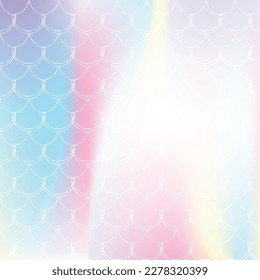 Fondo de escala de degradado con sirena holográfica. Transiciones de color luminosas. Banner de cola de pescado e invitación. Patrón submarino y marino para fiesta de niñas. Fondo neón con escala de degradado.