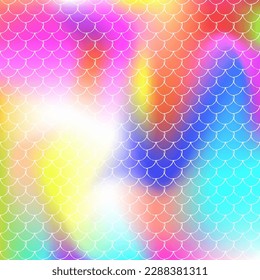 Gradient scale background with holographic mermaid. Bright color transitions. Fish tail banner and invitation. Underwater and sea pattern for girlie party. Vibrant backdrop with gradient scale.