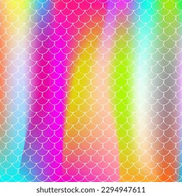 Gradient scale background with holographic mermaid. Bright color transitions. Fish tail banner and invitation. Underwater and sea pattern for girlie party. Futuristic backdrop with gradient scale.