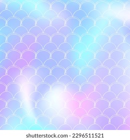 Gradient scale background with holographic mermaid. Bright color transitions. Fish tail banner and invitation. Underwater and sea pattern for girlie party. Neon backdrop with gradient scale.