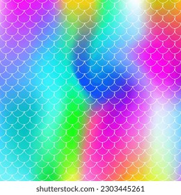 Gradient scale background with holographic mermaid. Bright color transitions. Fish tail banner and invitation. Underwater and sea pattern for girlie party. Futuristic backdrop with gradient scale.