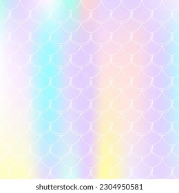 Gradient scale background with holographic mermaid. Bright color transitions. Fish tail banner and invitation. Underwater and sea pattern for girlie party. Iridescent backdrop with gradient scale.