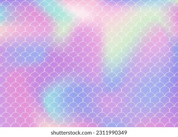Gradient scale background with holographic mermaid. Bright color transitions. Fish tail banner and invitation. Underwater and sea pattern for girlie party. Rainbow backdrop with gradient scale.