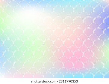 Gradient scale background with holographic mermaid. Bright color transitions. Fish tail banner and invitation. Underwater and sea pattern for girlie party. Plastic backdrop with gradient scale.