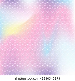 Fondo de escala de degradado con sirena holográfica. Transiciones de color luminosas. Banner de cola de pescado e invitación. Patrón submarino y marino para fiesta de niñas. Fondo irlandés con escala de degradado.