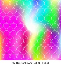 Gradient scale background with holographic mermaid. Bright color transitions. Fish tail banner and invitation. Underwater and sea pattern for girlie party. Creative backdrop with gradient scale.