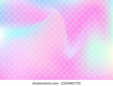 Gradient scale background with holographic mermaid. Bright color transitions. Fish tail banner and invitation. Underwater and sea pattern for girlie party. Hipster backdrop with gradient scale.