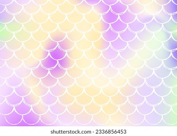 Fondo de escala de degradado con sirena holográfica. Transiciones de color luminosas. Banner de cola de pescado e invitación. Patrón submarino y marino para fiesta de niñas. Fondo de espectro con escala de degradado.