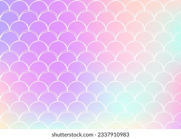 Gradient scale background with holographic mermaid. Bright color transitions. Fish tail banner and invitation. Underwater and sea pattern for girlie party. Futuristic backdrop with gradient scale.