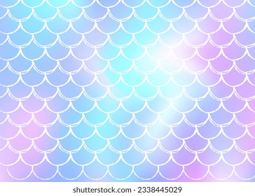 Fondo de escala de degradado con sirena holográfica. Transiciones de color luminosas. Banner de cola de pescado e invitación. Patrón submarino y marino para fiesta de niñas. Fondo neón con escala de degradado.