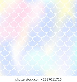 Fondo de escala de degradado con sirena holográfica. Transiciones de color luminosas. Banner de cola de pescado e invitación. Patrón submarino y marino para fiesta de niñas. Fondo futurista con escala de degradado.
