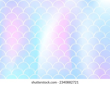 Gradient scale background with holographic mermaid. Bright color transitions. Fish tail banner and invitation. Underwater and sea pattern for girlie party. Iridescent backdrop with gradient scale.