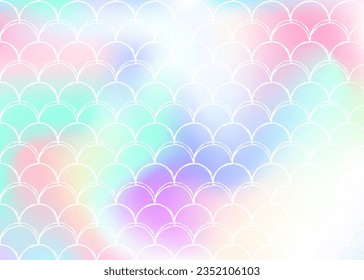 Gradient scale background with holographic mermaid. Bright color transitions. Fish tail banner and invitation. Underwater and sea pattern for girlie party. Pearlescent backdrop with gradient scale.