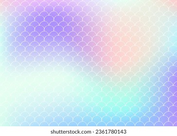 Gradient scale background with holographic mermaid. Bright color transitions. Fish tail banner and invitation. Underwater and sea pattern for girlie party. Plastic backdrop with gradient scale.