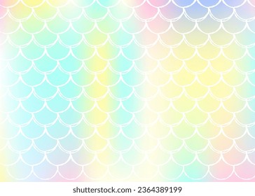 Gradient scale background with holographic mermaid. Bright color transitions. Fish tail banner and invitation. Underwater and sea pattern for girlie party. Plastic backdrop with gradient scale.