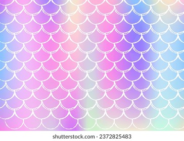 Gradient scale background with holographic mermaid. Bright color transitions. Fish tail banner and invitation. Underwater and sea pattern for girlie party. Colorful backdrop with gradient scale.