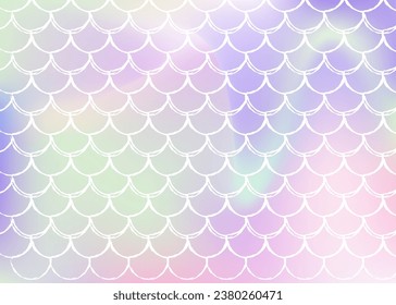 Fondo de escala de degradado con sirena holográfica. Transiciones de color luminosas. Banner de cola de pescado e invitación. Patrón submarino y marino para fiesta de niñas. Fondo colorido con escala de degradado.