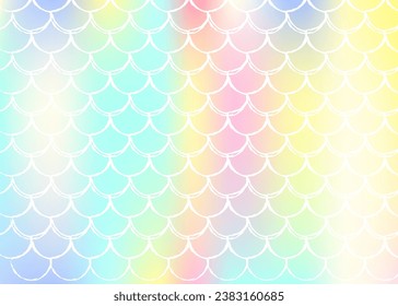 Gradient scale background with holographic mermaid. Bright color transitions. Fish tail banner and invitation. Underwater and sea pattern for girlie party. Plastic backdrop with gradient scale.