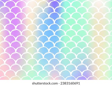 Fondo de escala de degradado con sirena holográfica. Transiciones de color luminosas. Banner de cola de pescado e invitación. Patrón submarino y marino para fiesta de niñas. Fondo creativo con escala de degradado.