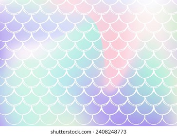 Gradient scale background with holographic mermaid. Bright color transitions. Fish tail banner and invitation. Underwater and sea pattern for girlie party. Plastic backdrop with gradient scale.