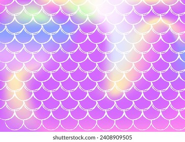 Gradient scale background with holographic mermaid. Bright color transitions. Fish tail banner and invitation. Underwater and sea pattern for girlie party. Colorful backdrop with gradient scale.