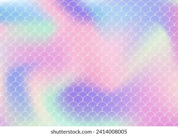 Gradient scale background with holographic mermaid. Bright color transitions. Fish tail banner and invitation. Underwater and sea pattern for girlie party. Colorful backdrop with gradient scale.