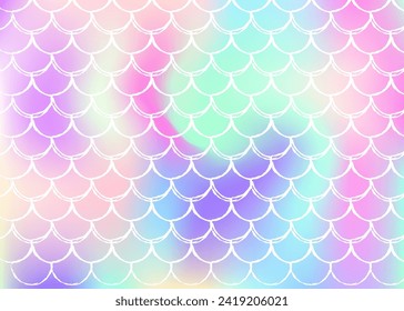 Gradient scale background with holographic mermaid. Bright color transitions. Fish tail banner and invitation. Underwater and sea pattern for girlie party. Plastic backdrop with gradient scale.