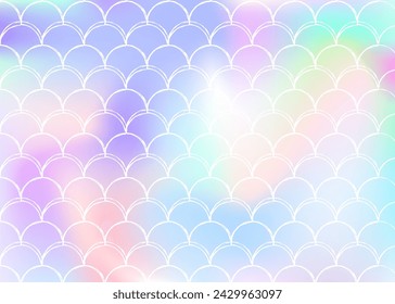 Fondo de escala de gradiente con sirena holográfica. Transiciones de color brillantes. Banner de cola de pescado e invitación. Patrón submarino y marino para fiesta de chicas. Fondo creativo con escala de degradado.