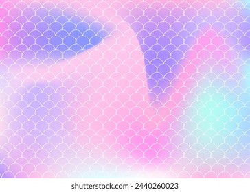 Fondo de escala de gradiente con sirena holográfica. Transiciones de color brillantes. Banner de cola de pescado e invitación. Patrón submarino y marino para fiesta de chicas. Fondo brillante con escala de degradado.
